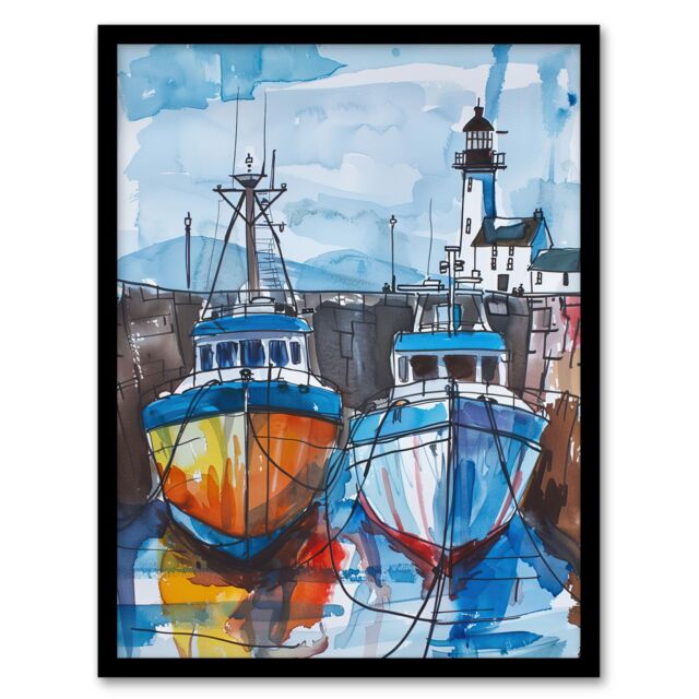 "Artery8 Scottish Harbour Fishing Boats & Lighthouse Framed Wall Art in Blue - Size: W12"" x H16""" - image 1