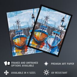 "Artery8 Scottish Harbour Fishing Boats & Lighthouse Framed Wall Art in Blue - Size: W12"" x H16""" - thumbnail 2