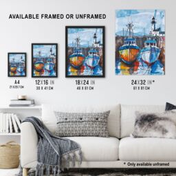 "Artery8 Scottish Harbour Fishing Boats & Lighthouse Framed Wall Art in Blue - Size: W12"" x H16""" - thumbnail 3