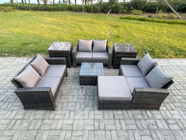 Fimous 7 PCS Outdoor Lounge Sofa Set Wicker PE Rattan Garden Furniture Set with Square Coffee Table Double Seat Sofa in Dark Grey - image 1