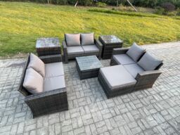 Fimous 7 PCS Outdoor Lounge Sofa Set Wicker PE Rattan Garden Furniture Set with Square Coffee Table Double Seat Sofa in Dark Grey - thumbnail 2