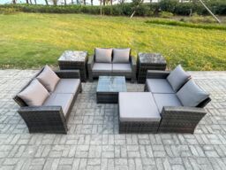 Fimous 7 PCS Outdoor Lounge Sofa Set Wicker PE Rattan Garden Furniture Set with Square Coffee Table Double Seat Sofa in Dark Grey