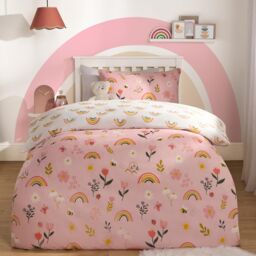 OHS Floral Duvet Cover Bedding Set Pillowcases Rainbow Revesible Quilt in Pink - Size: Double - thumbnail 1
