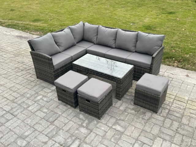 Fimous 9 Seater Outdoor Rattan Garden Furniture Set Corner Sofa Oblong Coffee Table Sets with Patio 3 Small Footstools Dark Grey Mixed - image 1