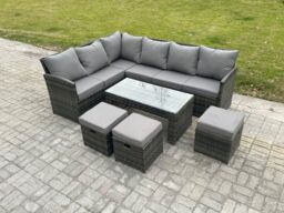 Fimous 9 Seater Outdoor Rattan Garden Furniture Set Corner Sofa Oblong Coffee Table Sets with Patio 3 Small Footstools Dark Grey Mixed - thumbnail 1