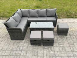 Fimous 9 Seater Outdoor Rattan Garden Furniture Set Corner Sofa Oblong Coffee Table Sets with Patio 3 Small Footstools Dark Grey Mixed - thumbnail 2