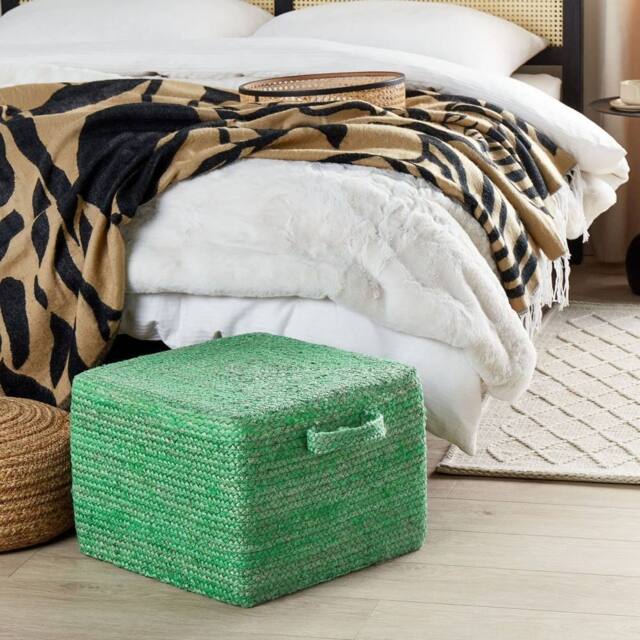 Wyld and Coco Green Jute Pouffe 45 x 45 x 30 cm - Rectangular Pouf with Handles - image 1