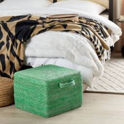 Wyld and Coco Green Jute Pouffe 45 x 45 x 30 cm - Rectangular Pouf with Handles