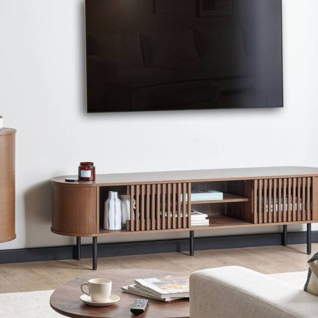 Wyld and Coco Home Retro TV Stand Dark Brown Particle Board with Metal Legs - image 1