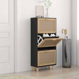 Berkfield Home Shoe Cabinet Black 52x25x115 cm Engineered Wood&Natural Rattan - Size: 52 x 25 x 115 cm - thumbnail 2