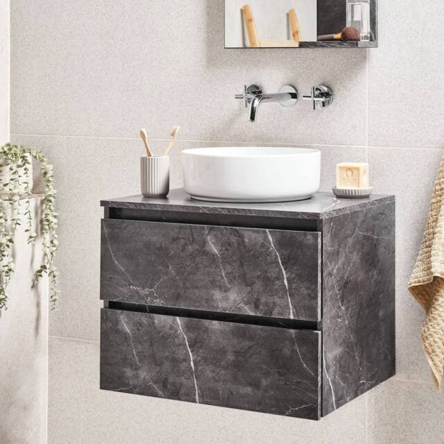 Wyld and Coco Black Marble Wall Mounted 60 x 47 cm Fluted Front 2 Deep Drawers - image 1
