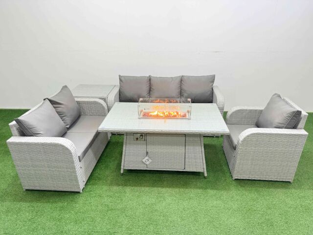 Fimous Patio PE Wicker 6 Seater Outdoor Rattan Furniture Sofa Sets w/ Firepit Dining Table Reclining Chair Loveseat Sofa 3 Seater Sofa Side Table - image 1