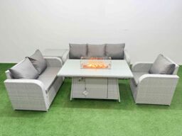 Fimous Patio PE Wicker 6 Seater Outdoor Rattan Furniture Sofa Sets w/ Firepit Dining Table Reclining Chair Loveseat Sofa 3 Seater Sofa Side Table - thumbnail 2