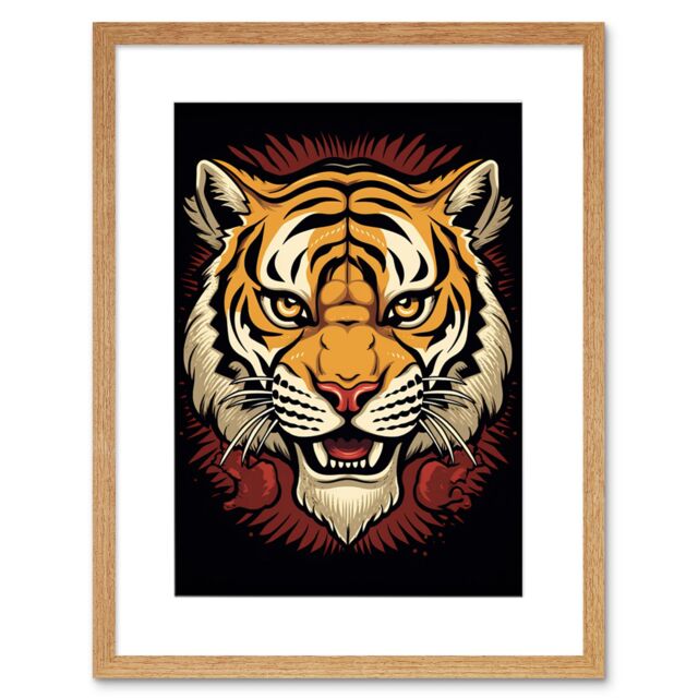 "Artery8 Wall Art Print Tiger Head Old School USA Tattoo Ink Body Art Rockabilly Americana 50s Artwork Framed 9X7 Inch in Beige - Size: W7"" x H9""" - image 1