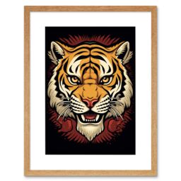 "Artery8 Wall Art Print Tiger Head Old School USA Tattoo Ink Body Art Rockabilly Americana 50s Artwork Framed 9X7 Inch in Beige - Size: W7"" x H9""" - thumbnail 1