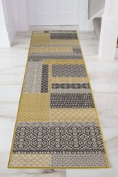 Kukoon Runner Rug Yellow Ochre Grey Traditional Patchwork Area Rug - Size: 70 cm x 300 cm - thumbnail 2