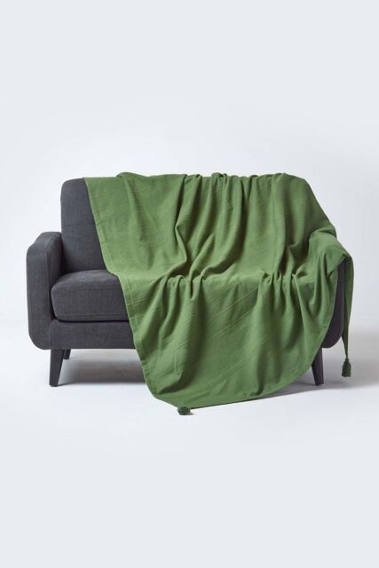 Homescapes Cotton Rajput Ribbed Throw in Dark Olive - Size: 225 cm x 255 cm - image 1