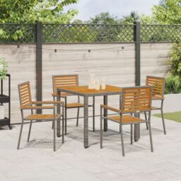 Berkfield Home 5 Piece Garden Dining Set Grey Poly Rattan Acacia - thumbnail 4
