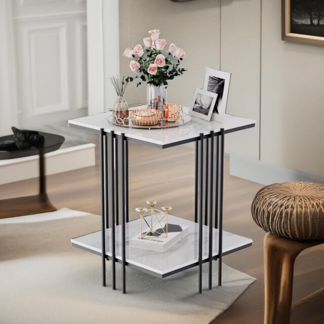 Pirlo Plush 2 Tier Square Faux Marble Side Table Black - image 1