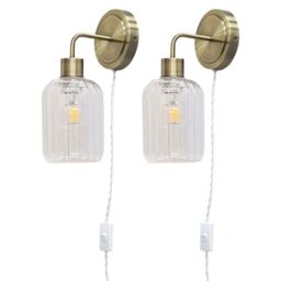 First Choice Lighting Set of 2 Toby - Antique Brass Plug in Wall Lights Ribbed Glass Shades in Gold - thumbnail 1