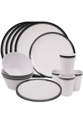 Neel Blue 16 Pieces Melamine Dinner Set - Plates, Dessert Plates, Bowls & Cups, Swirl Design in White - thumbnail 3
