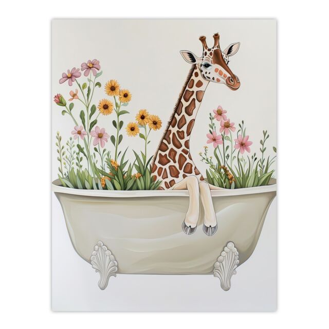 "Artery8 Cute Boho Giraffe in Bathtub Filled with Flowers Wall Art Print in Beige - Size: W24"" x H32""" - image 1