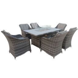 FURNITURE ONE 7 PCS Rattan Dining Sets with 160x96CM Gas Fire Pit Table + Fully Assembled Chair in Grey - Size: 7 Pack - thumbnail 1
