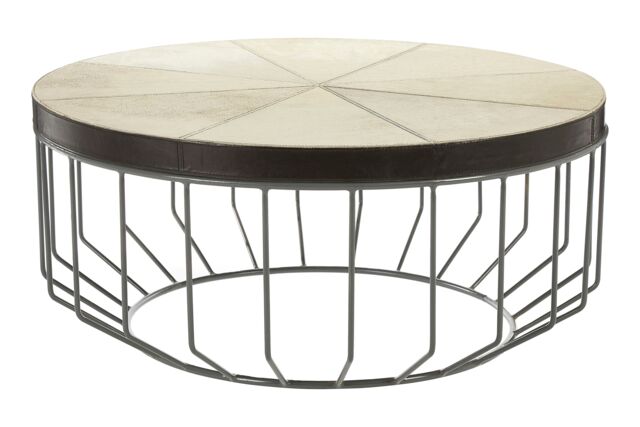 Orsina Genuine Leather Coffee Table, Coffee Table With Weathered Iron Cage Base, Center Table With Mango Wood Trim in Natural - image 1