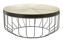 Orsina Genuine Leather Coffee Table, Coffee Table With Weathered Iron Cage Base, Center Table With Mango Wood Trim in Natural
