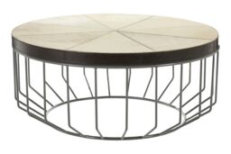 Orsina Genuine Leather Coffee Table, Coffee Table With Weathered Iron Cage Base, Center Table With Mango Wood Trim in Natural - thumbnail 6