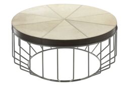 Orsina Genuine Leather Coffee Table, Coffee Table With Weathered Iron Cage Base, Center Table With Mango Wood Trim in Natural - thumbnail 2