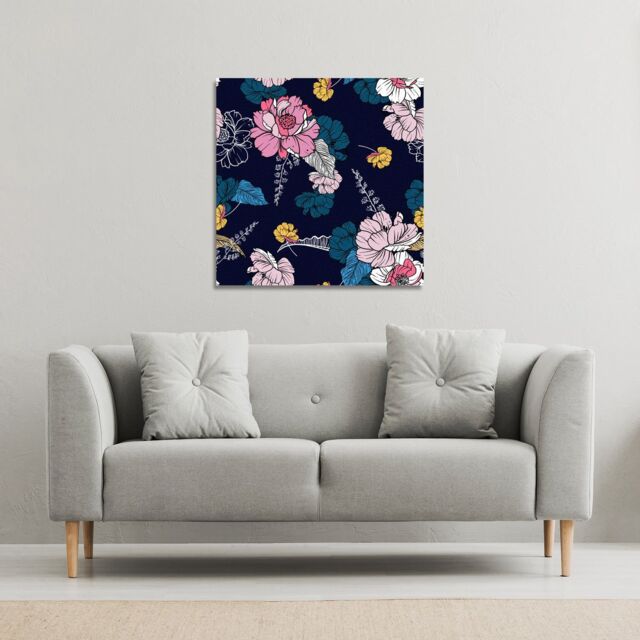 Benjamin Tate Design Pink Flowers on Navy (Canvas Print) / 90 x 90 x 4cm in Natural - Size: 90 x 90 x 4 cm - image 1