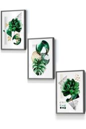 ARTZE Abstract Green Gold Botanical Framed Wall Art - Small in Dark Grey - Size: W33 cm x H45 cm x D20mm - thumbnail 1