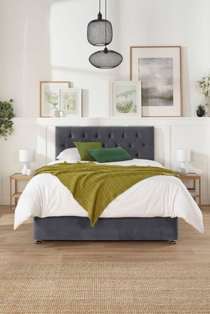 Aspire Olivier Divan, Plush Fabric, Strutted Headboard, No Drawers in Grey - Size: Small Single - image 1
