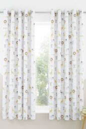Catherine Lansfield 'Roarsome Animals' Reversible Lined Eyelet Curtains in White - Size: 168 cm width x 183 cm drop - thumbnail 1