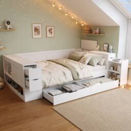 Merax 4ft6 Wooden Cabin Bed, Childrens Storage Daybed with Drawers in White - Size: Double