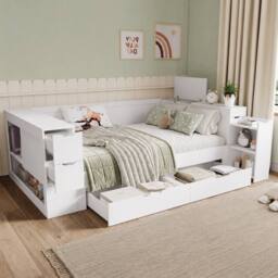 Merax 4ft6 Wooden Cabin Bed, Childrens Storage Daybed with Drawers in White - Size: Double - thumbnail 4