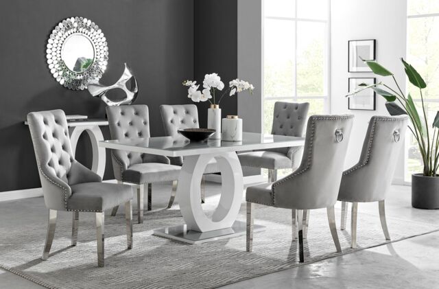 FurnitureboxUK Giovani 6-Seater Grey Glass Dining Table & 6 Belgravia Velvet Dining Chairs - image 1