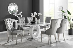 FurnitureboxUK Giovani 6-Seater Grey Glass Dining Table & 6 Belgravia Velvet Dining Chairs