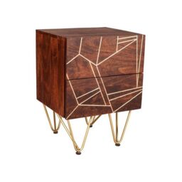Indian Hub Dark Gold 2 Drawer Side Table - Solid Mango Wood - L40 x W45 x H60 cm in Brown - thumbnail 1