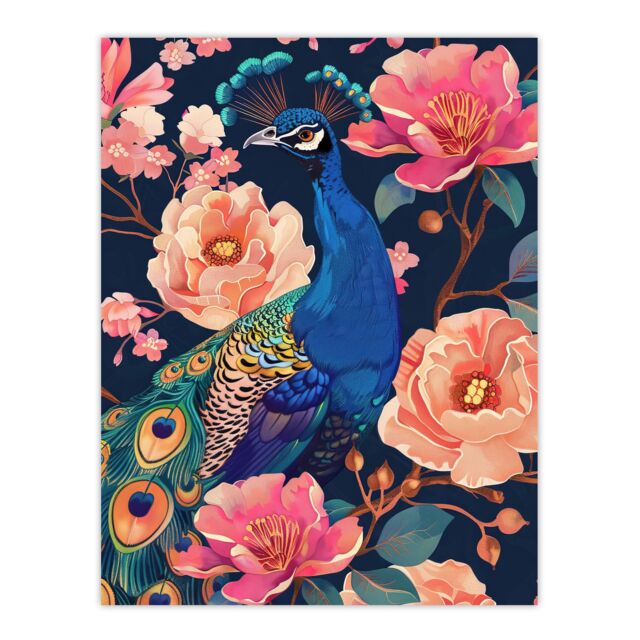 "Artery8 Peacock Bird with Pink Flower Pattern Design Wall Art Print in Blue - Size: W18"" x H24""" - image 1