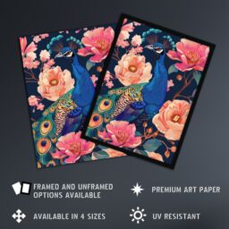 "Artery8 Peacock Bird with Pink Flower Pattern Design Wall Art Print in Blue - Size: W18"" x H24""" - thumbnail 2
