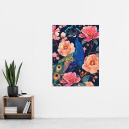 "Artery8 Peacock Bird with Pink Flower Pattern Design Wall Art Print in Blue - Size: W18"" x H24""" - thumbnail 4