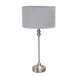 ValueLights Maggie Brushed Chrome Candlestick Table Lamp with Velvet Drum Shade & LED Bulb in Grey - thumbnail 2