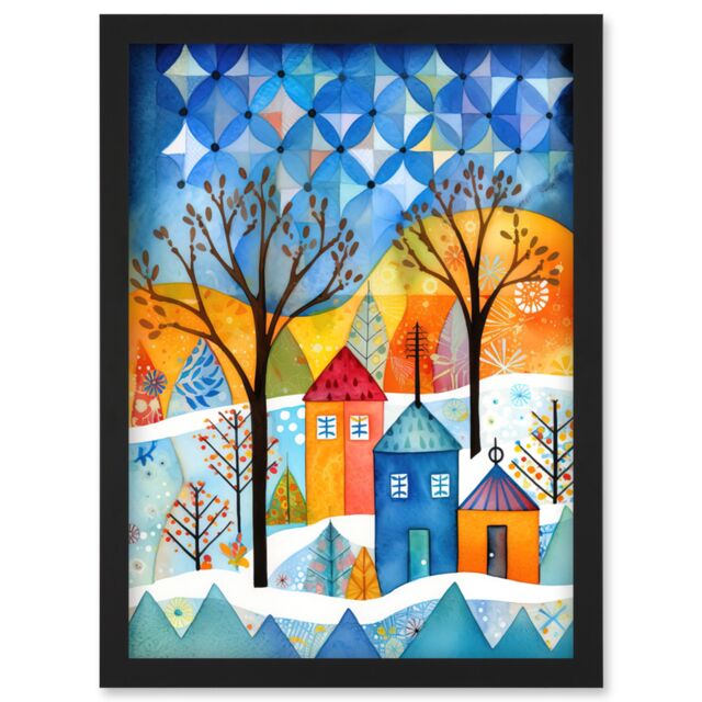Artery8 Abstract Winter Snowfall Folk Art Artwork Framed Wall Art Print A4 in Black - image 1