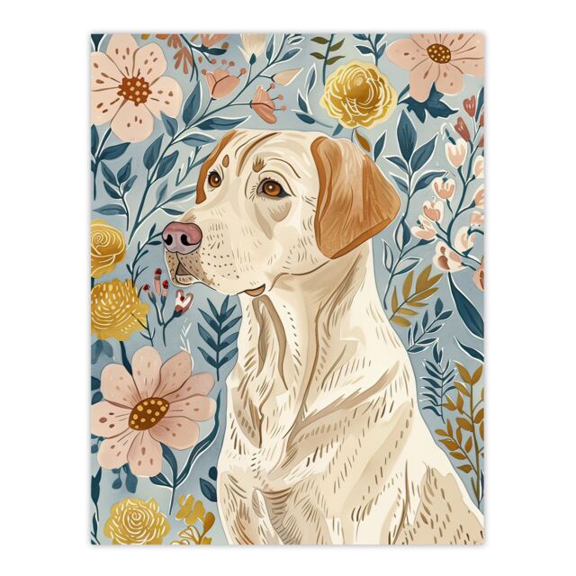 "Artery8 Labrador Retriever Dog Lover Floral Pastel Colour Wall Art Print - Size: W12"" x H16""" - image 1