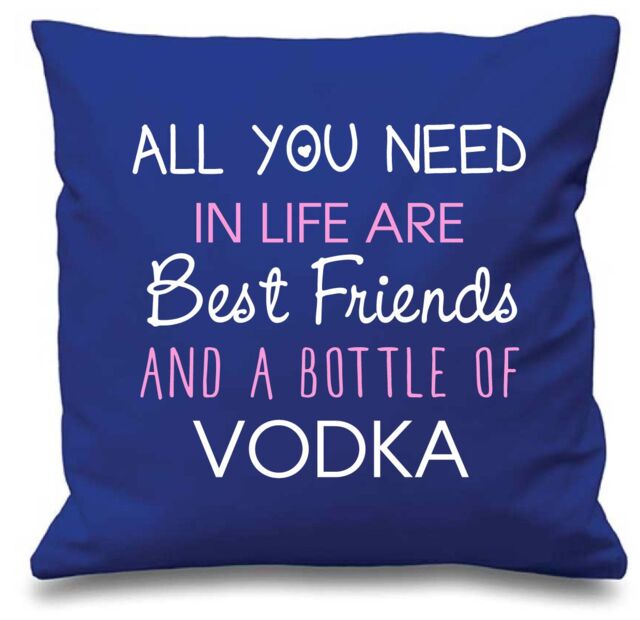 "60 SECOND MAKEOVER Cushion Cover All You Need In Life Are Best Friends & A Bottle Of Vodka 16"" x 16"" in Blue - Size: 40 cm x 40 cm"