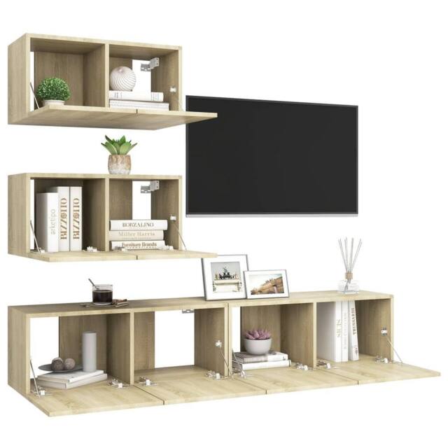 Berkfield Home Modern 4 Piece TV Cabinet Set Sonoma Oak Engineered Wood in Light Brown - image 1