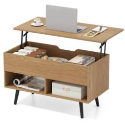 Gymax Lift Top Coffee Table Cocktail Table With Metal Legs & Shelves in Light Khaki