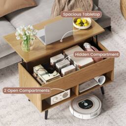 Gymax Lift Top Coffee Table Cocktail Table With Metal Legs & Shelves in Light Khaki - thumbnail 6